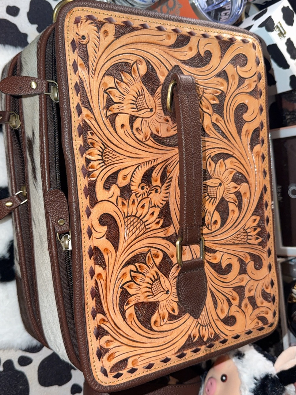 Hand-Tooled Floral Leather cowhide jewelry Bag - Brown & Tan